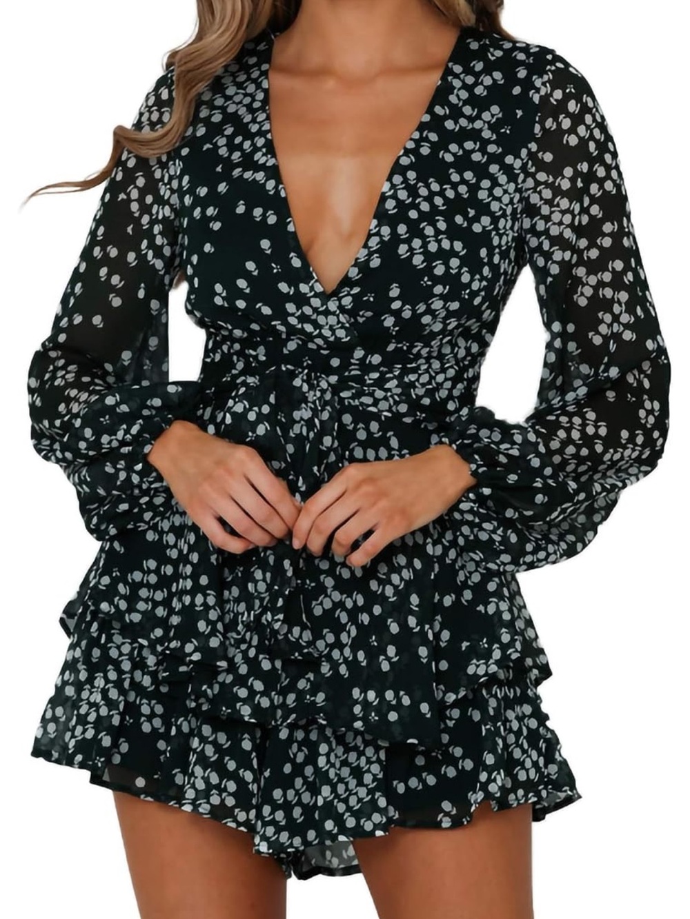 Black & white floral dots dress with tie waist